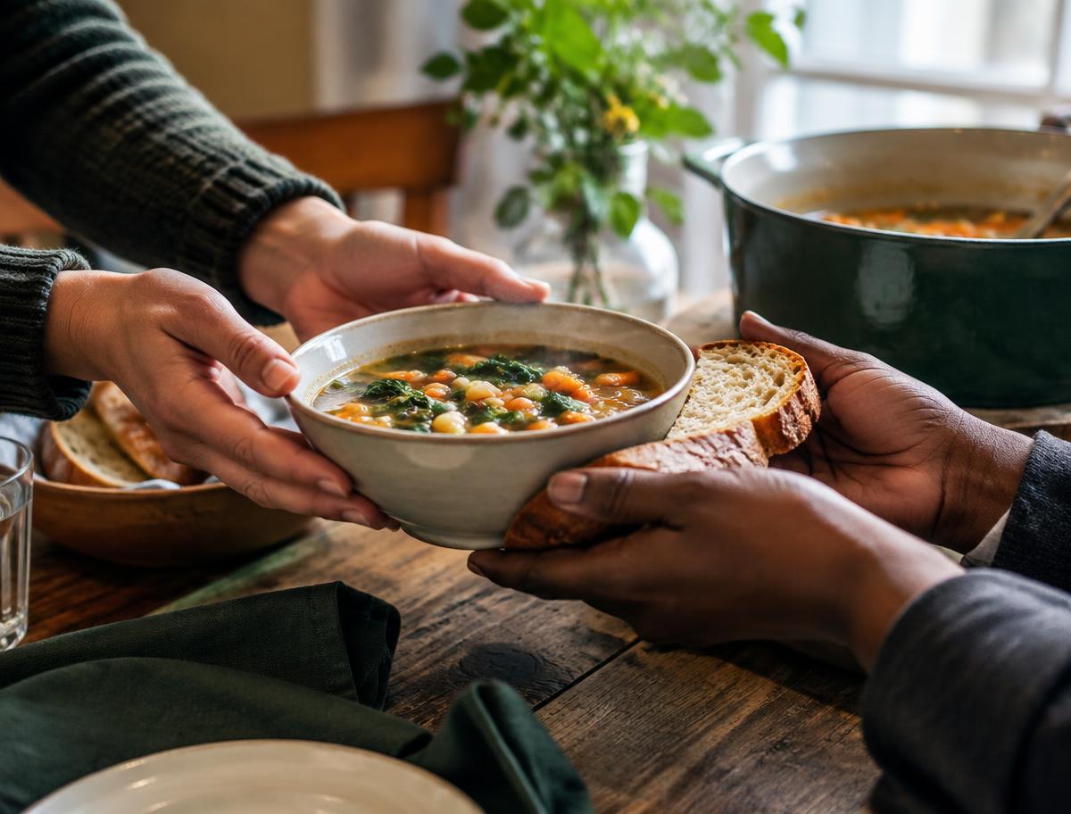 A warm bowl of soup and fresh bread being shared